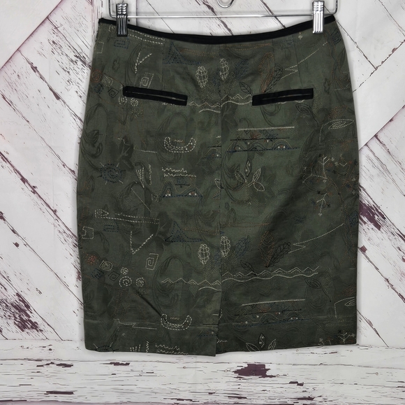 Anthropologie Meadow Rue Embroidered Olive Green Pencil Skirt - Picture 2 of 4